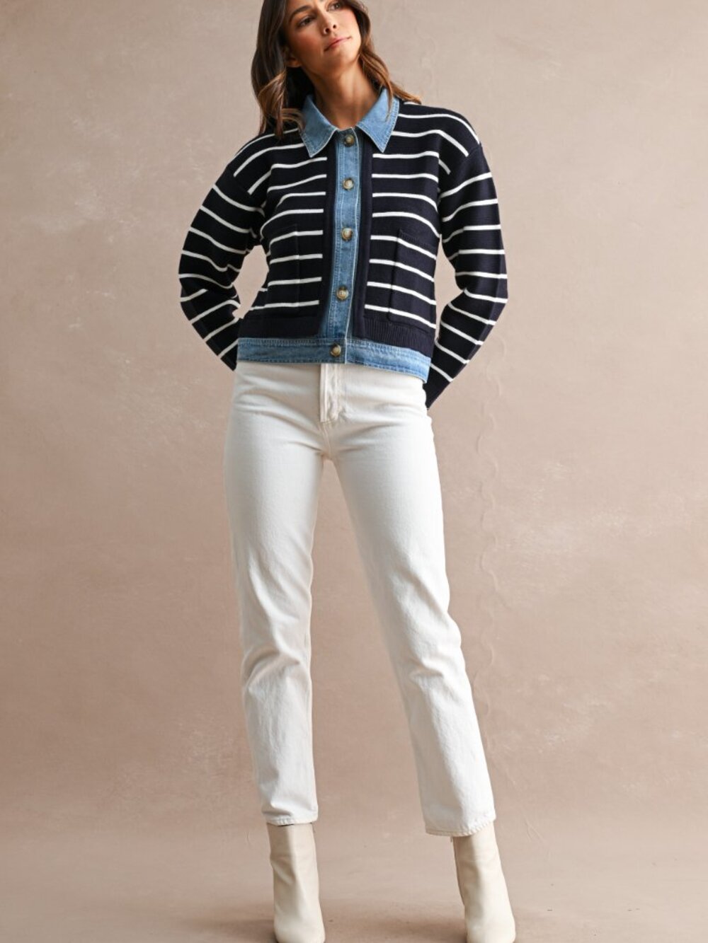 NWT Navy Striped Knit Cardigan with Denim Trim | Button Down Cardigan - Picture 7 of 8